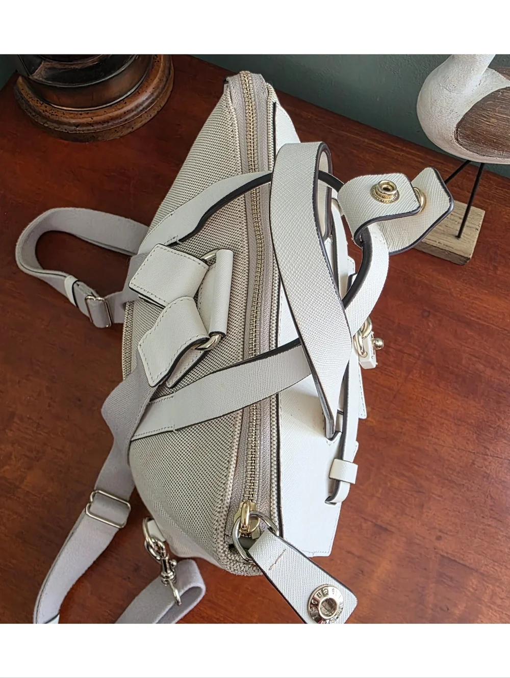 Henri Bendel Jetsetter Convertible Backpack Cream Canvas Leather Bag